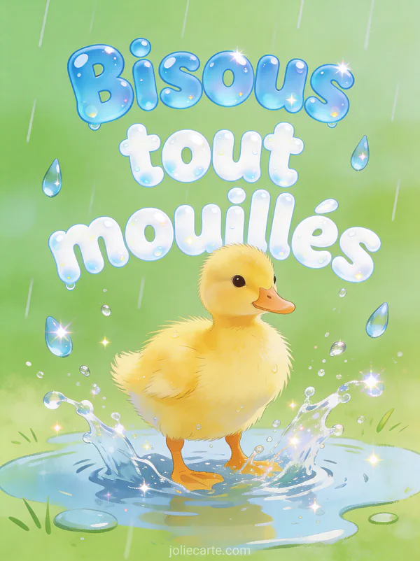 Adorable caneton jaune dans une flaque d'eau avec des éclaboussures joyeuses et le texte Bisous tout mouillés