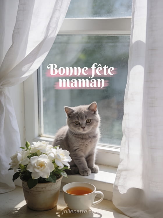 Chat british shorthair gris sur un rebord de fenêtre avec des gardénias blancs et une tasse de thé et le texte Bonne fête maman