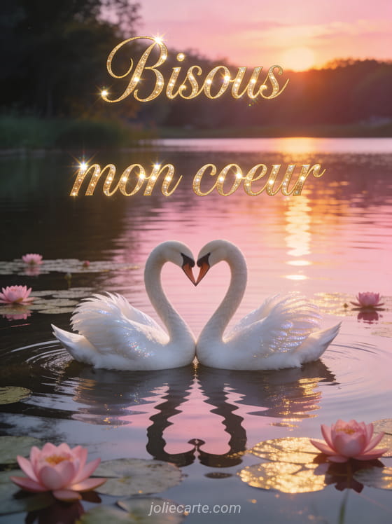 Deux cygnes blancs formant un cœur avec leurs cous sur un lac au coucher du soleil avec le texte Bisous mon cœur