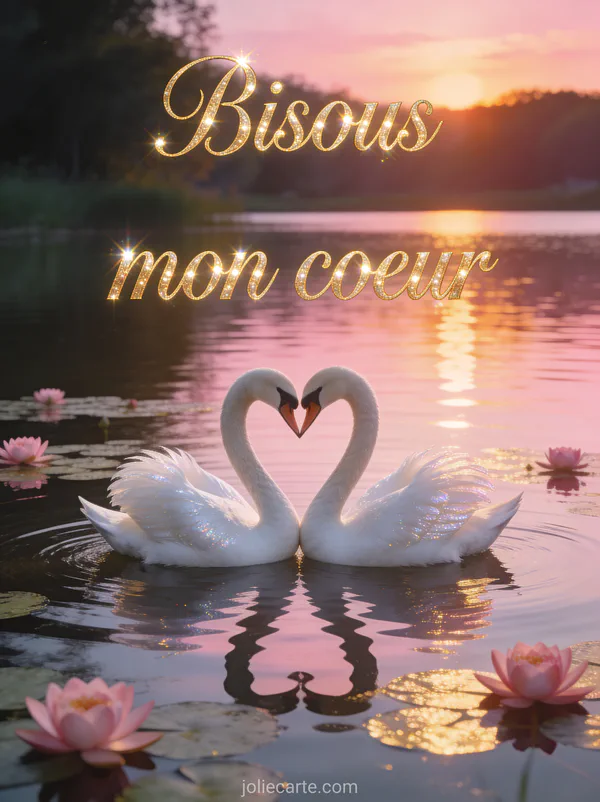Deux cygnes blancs formant un cœur avec leurs cous sur un lac au coucher du soleil avec le texte Bisous mon cœur