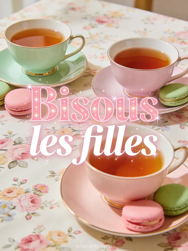 Trois tasses de thé en porcelaine avec des macarons roses et verts sur une nappe fleurie avec le texte Bisous les filles