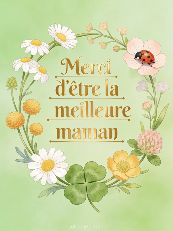 Couronne de pâquerettes boutons d'or et trèfle avec coccinelle sur fond vert tendre et le texte Merci d'être la meilleure maman