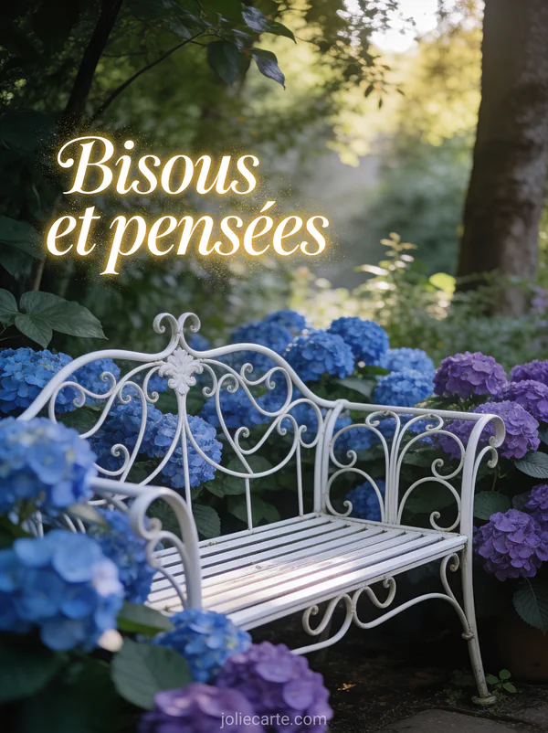 Banc en fer forgé blanc entouré d'hortensias bleus et violets dans un jardin tamisé avec le texte Bisous et pensées