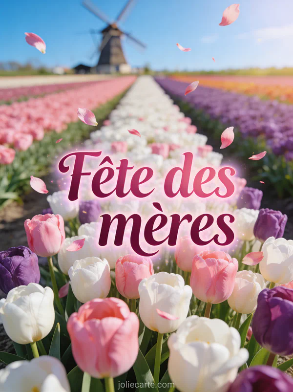 Champ de tulipes roses blanches et violettes dans un jardin printanier avec le texte Fête des mères