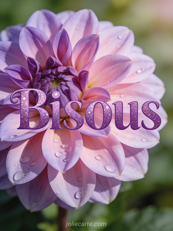 Dahlia mauve et rose en gros plan avec des gouttes de rosée et le texte Bisous en lettres mauves