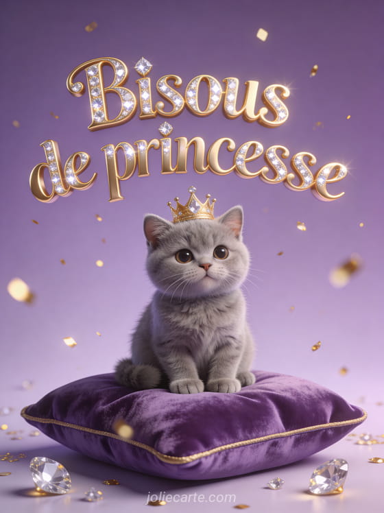Chaton british shorthair gris avec une couronne dorée sur un coussin de velours violet avec le texte Bisous de princesse
