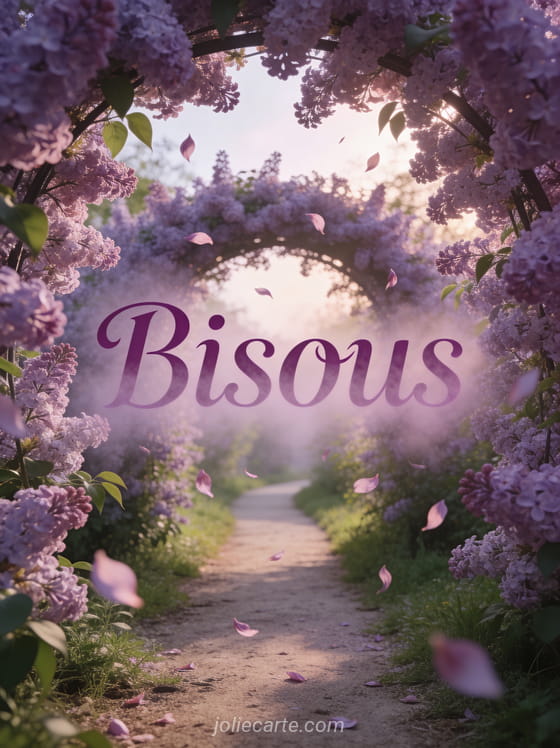 Chemin bordé de lilas en pleine floraison formant une arche naturelle avec pétales mauves et le texte Bisous
