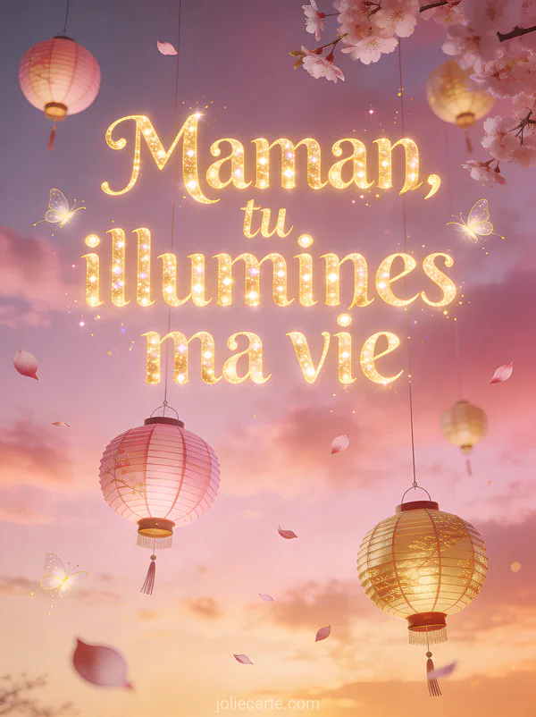 Illustration de lanternes japonaises roses et or flottant dans un ciel crépusculaire avec lucioles et pétales de cerisier