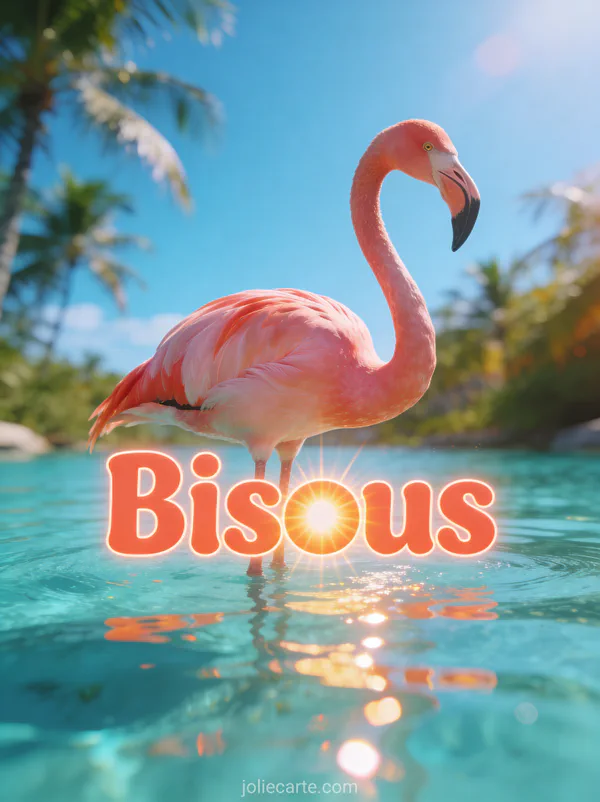 Flamant rose élégant debout dans une eau turquoise scintillante avec palmiers et le texte Bisous