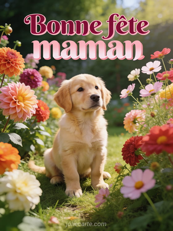 Golden retriever puppy assis dans un jardin fleuri de dahlias et cosmos avec le texte Bonne fête maman