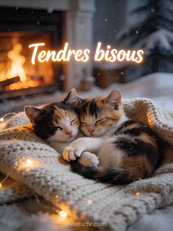 Deux chatons calico blottis et endormis sur un plaid en laine tricoté avec le texte Tendres bisous