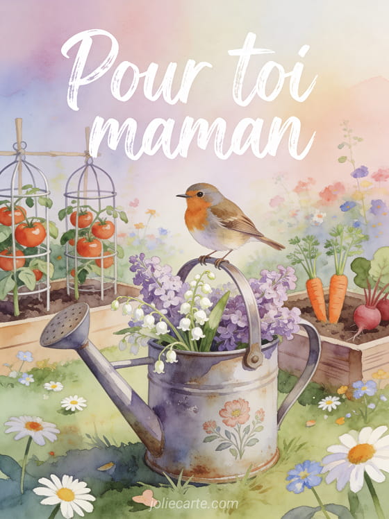 Illustration aquarelle d'un moineau posé sur un arrosoir vintage rempli de lilas et muguet dans un jardin