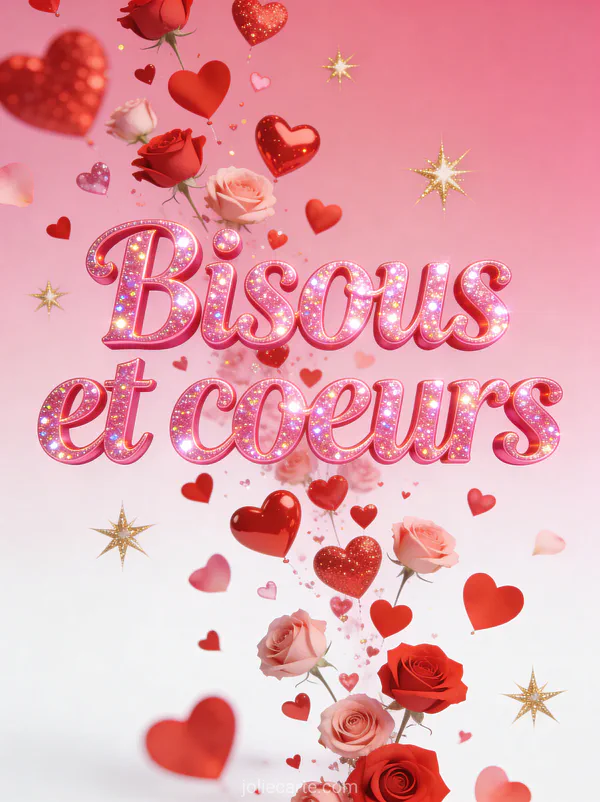 Cascade de cœurs rouges et roses avec des étoiles dorées sur fond rose et le texte Bisous et cœurs