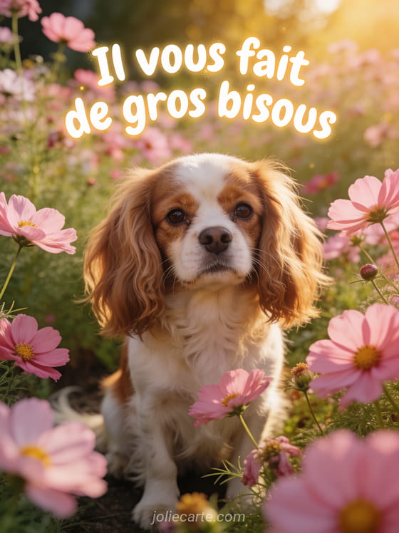 Petit chien cavalier king charles aux oreilles soyeuses dans un jardin de cosmos roses avec le texte Il vous fait de gros bisous