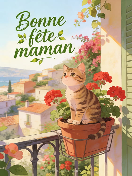Illustration d'un chat tigré assis dans un pot de géraniums rouges sur un balcon avec bougainvilliers et le texte Bonne fête maman