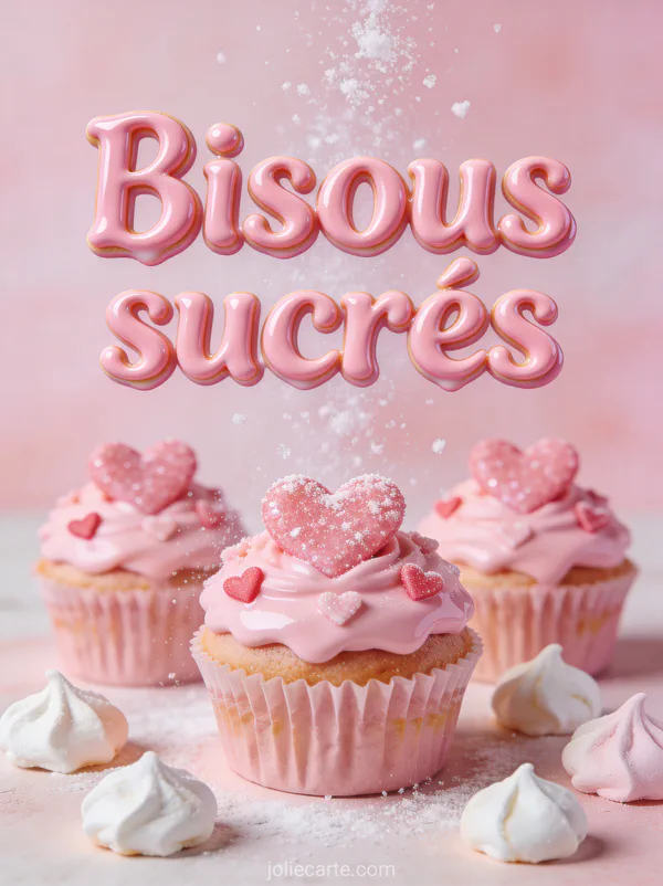 Cupcakes roses décorés de cœurs en sucre et de meringues avec sucre glace et le texte Bisous sucrés