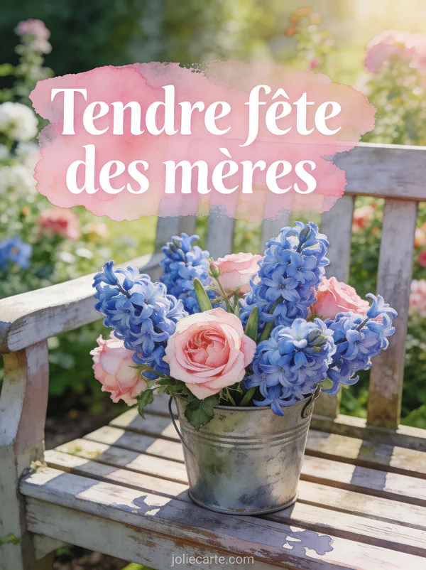 Jacinthes bleues et roses dans un seau en zinc sur un banc de jardin patiné avec le texte Tendre fête des mères