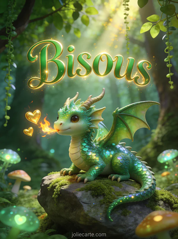 Petit dragon vert émeraude sur un rocher couvert de mousse soufflant des flammes en forme de cœurs avec le texte Bisous