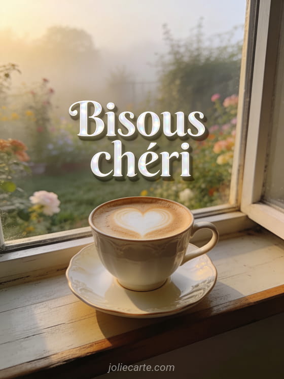 Tasse de café latte art en cœur sur un rebord de fenêtre avec vue sur un jardin fleuri et le texte Bisous chéri
