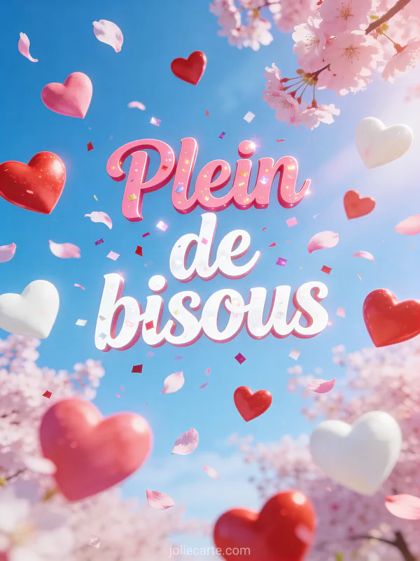 Dizaines de cœurs roses rouges et blancs s'envolant dans un ciel bleu avec pétales de cerisier et le texte Plein de bisous