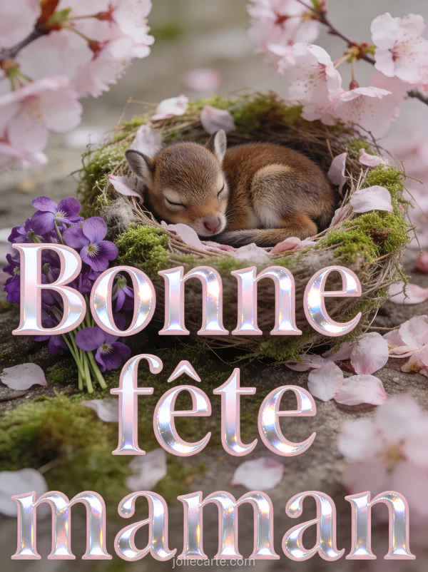 Lapereau brun endormi dans un nid de mousse et pétales de cerisier avec des violettes et le texte Bonne fête maman