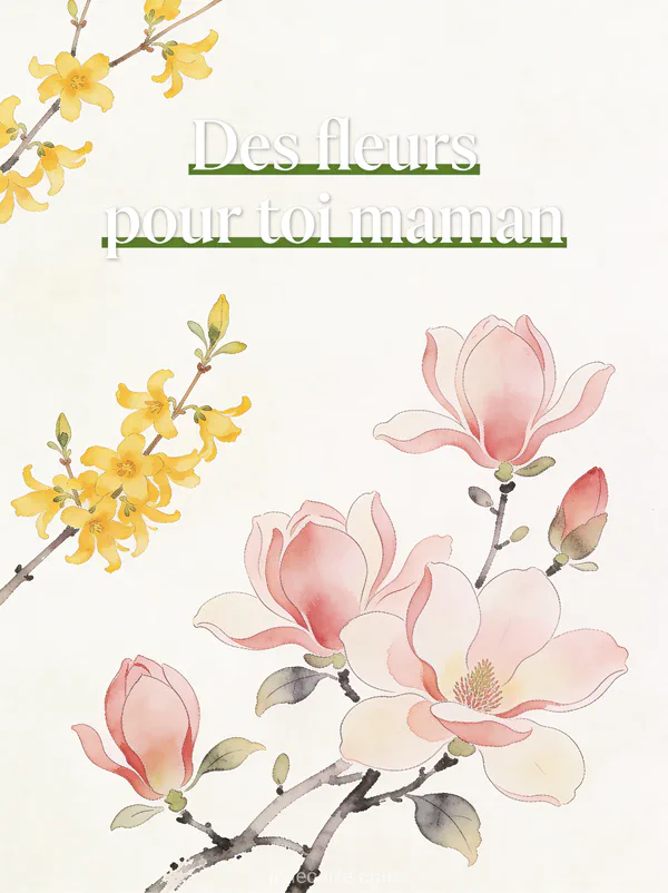 Illustration aquarelle de branches de forsythia jaune et magnolias roses sur fond crème avec le texte Des fleurs pour toi maman