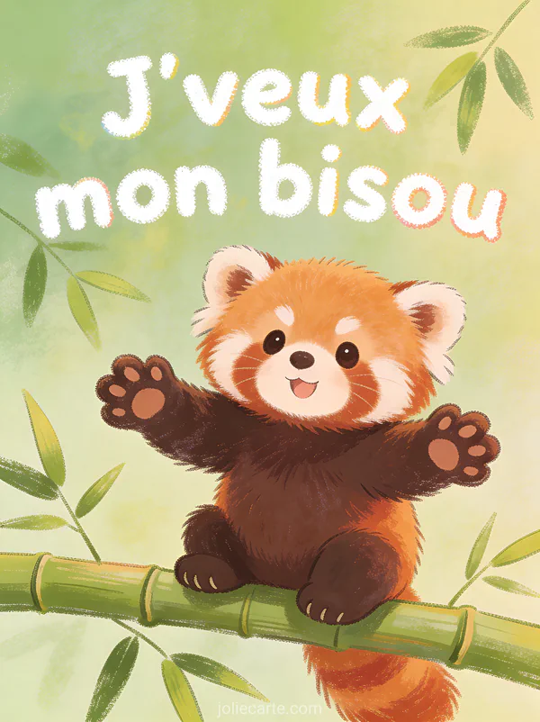 Petit panda roux adorable assis sur une branche de bambou tendant les pattes avec le texte J'veux mon bisou