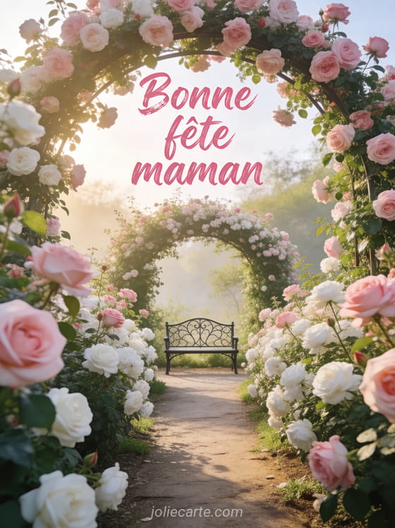 Allée de jardin bordée de rosiers roses et blancs avec arche fleurie et banc en fer forgé avec le texte Bonne fête maman