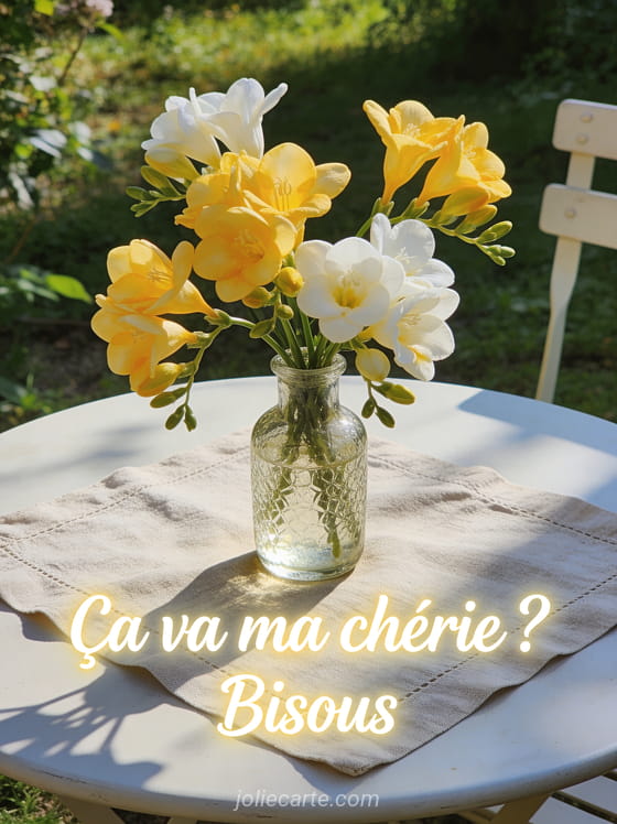 Bouquet de freesias jaunes et blancs dans un vase en verre sur une table de jardin avec le texte Ça va ma chérie Bisous
