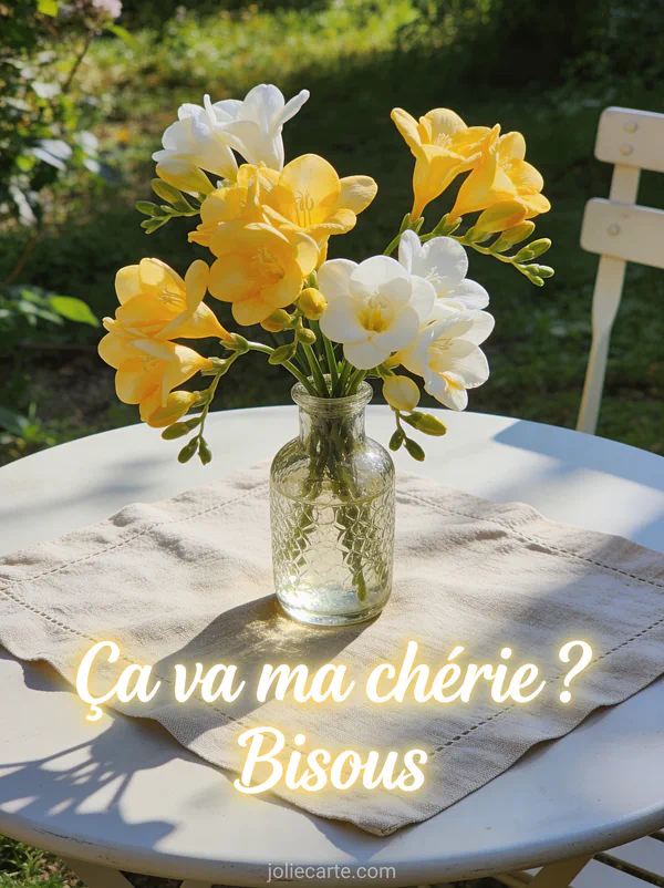 Bouquet de freesias jaunes et blancs dans un vase en verre sur une table de jardin avec le texte Ça va ma chérie Bisous