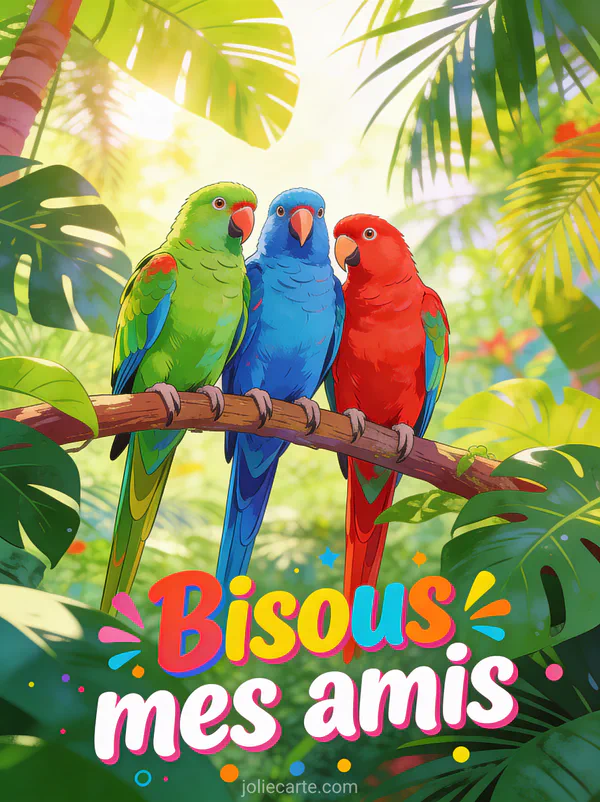 Trois perroquets multicolores perchés ensemble sur une branche tropicale avec le texte Bisous mes amis