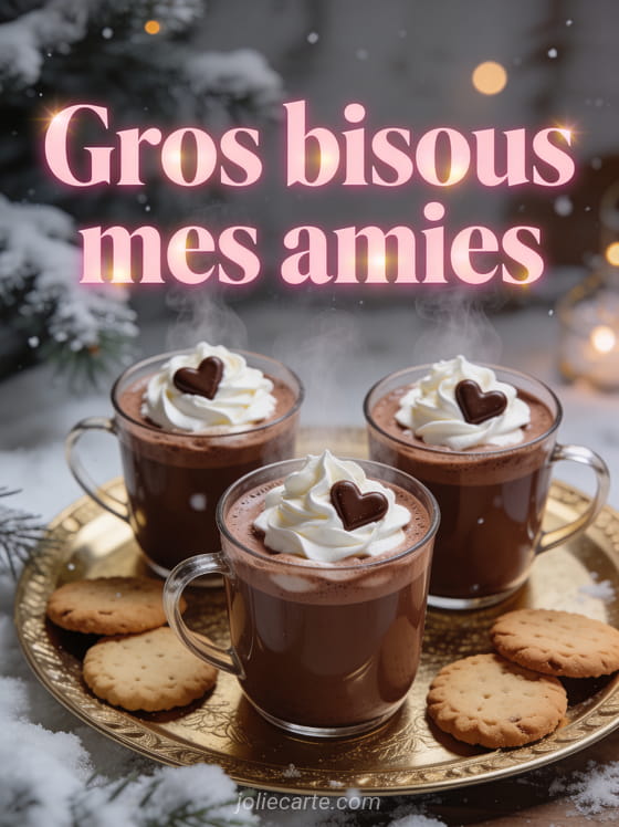 Trois tasses de chocolat chaud avec crème fouettée et cœurs en chocolat sur un plateau doré avec le texte Gros bisous mes amies