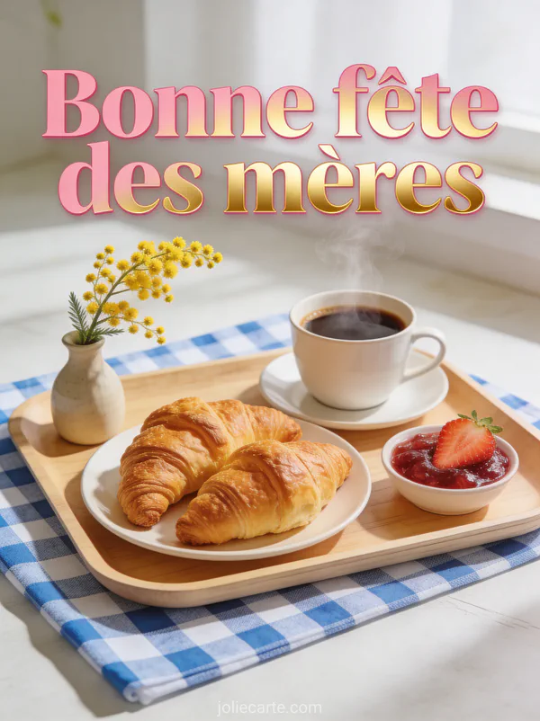 Plateau petit-déjeuner avec croissants café fumant confiture et brin de mimosa sur nappe à carreaux et le texte Bonne fête des mères