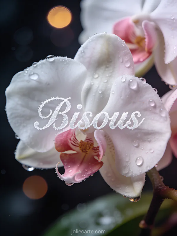 Orchidée blanche et rose en gros plan avec gouttes de rosée et lumière en bokeh avec le texte Bisous
