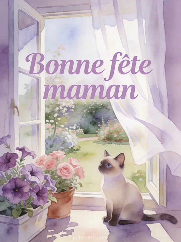 Illustration d'un chat siamois devant une fenêtre ouverte avec jardinières de pétunias violets et roses avec le texte Bonne fête maman