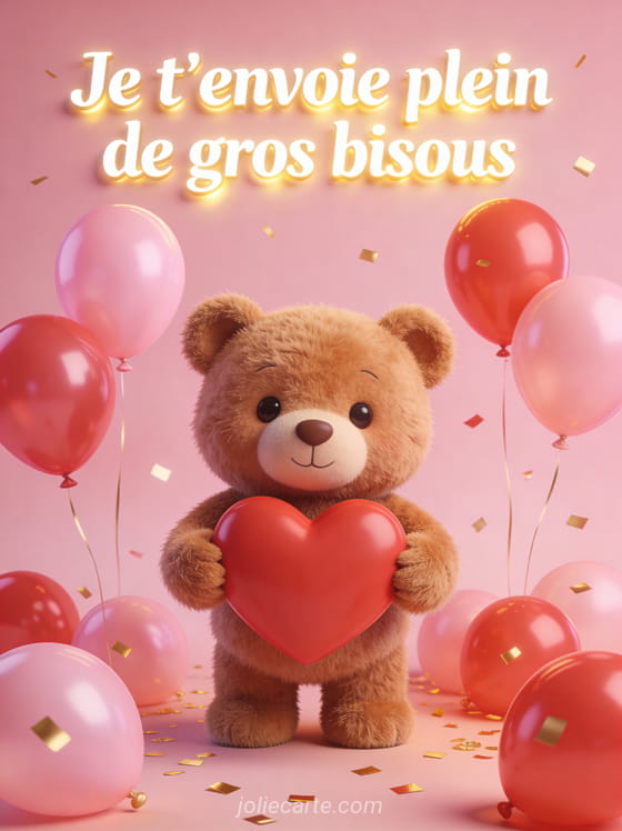 Petit ours en peluche tenant un cœur rouge entouré de ballons roses et de confettis dorés avec le texte Je t'envoie plein de gros bisous
