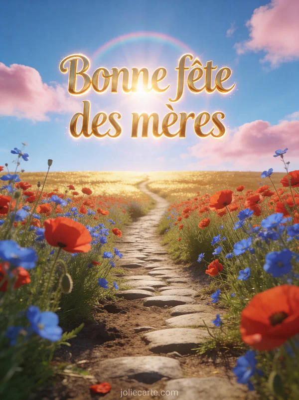 Chemin de campagne bordé de coquelicots et bleuets vers un horizon doré sous ciel bleu avec le texte Bonne fête des mères