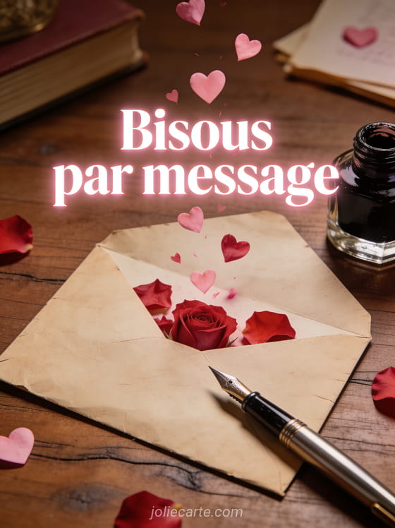 Enveloppe en papier kraft d'où s'échappent des cœurs roses et des pétales de roses sur un bureau vintage avec le texte Bisous par message
