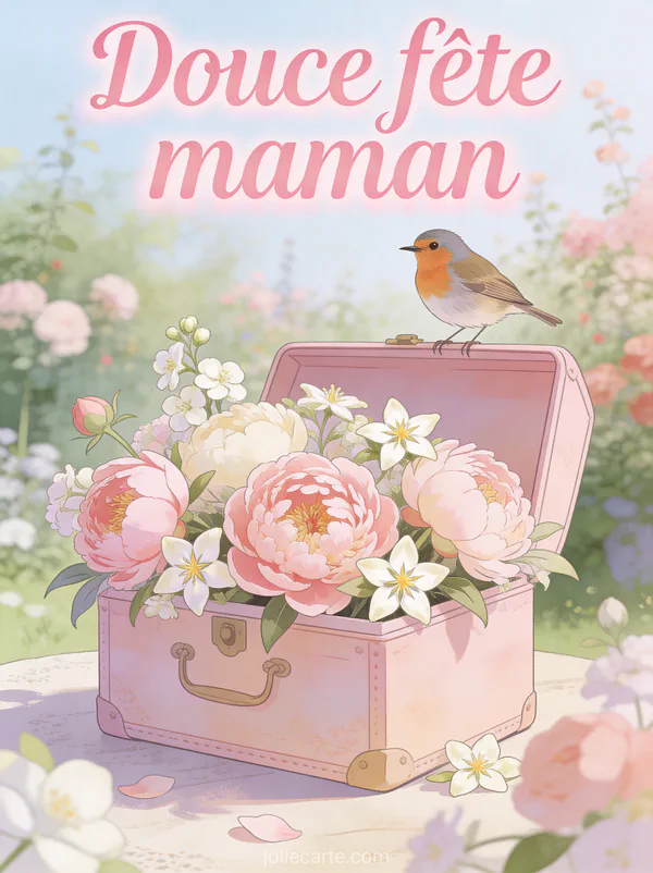 Illustration d'une boîte à lettres vintage rose débordant de pivoines et jasmin avec un chardonneret et le texte Douce fête maman