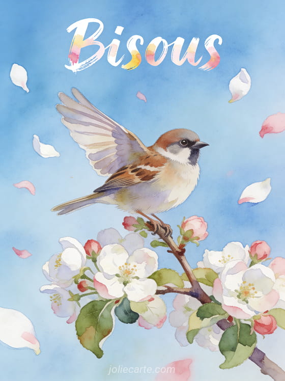 Moineau perché sur une branche de pommier en fleurs en style aquarelle avec pétales volants et le texte Bisous