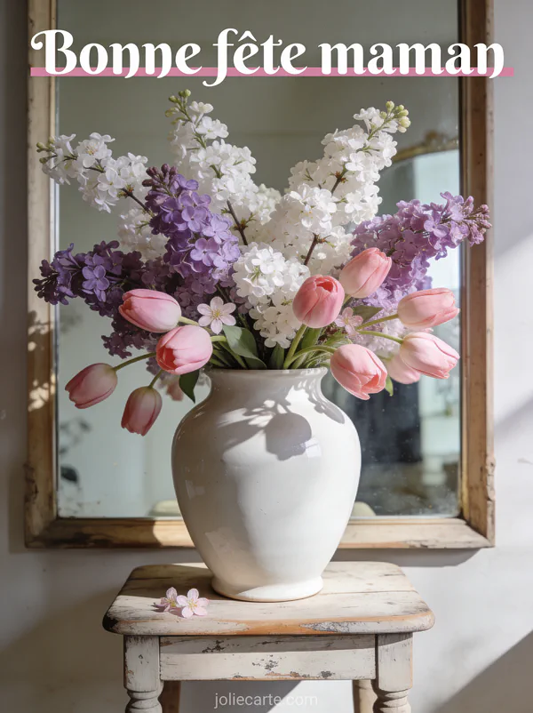 Vase en céramique blanche rempli de branches de lilas blancs et violets avec tulipes roses sur guéridon ancien