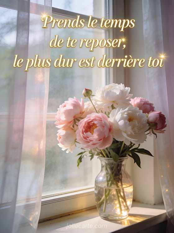 Bouquet de pivoines roses et blanches dans un vase en verre baigné de lumière douce avec le texte Prends le temps de te reposer
