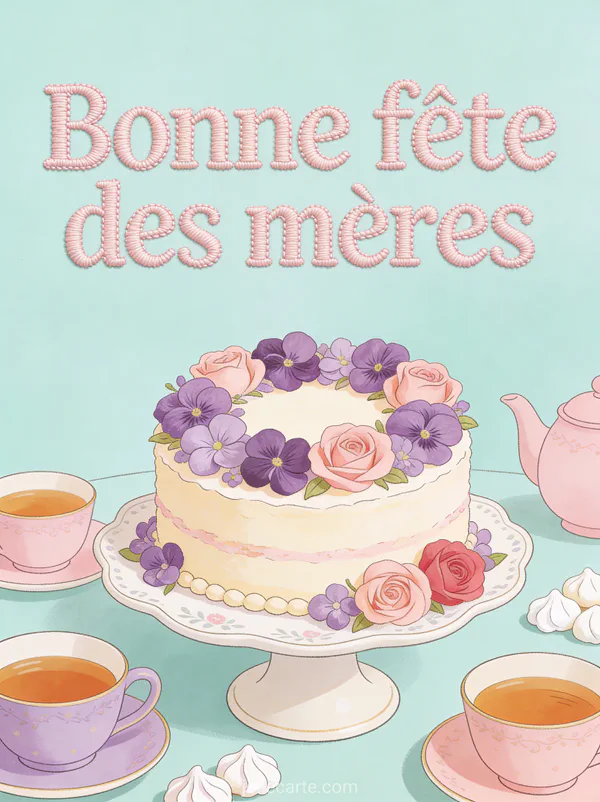 Illustration d'un gâteau décoré de fleurs comestibles violettes et roses avec tasses de thé et meringues sur fond pastel menthe