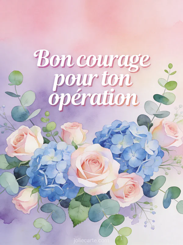 Composition florale de roses pastel et hortensias bleus style aquarelle avec le texte Bon courage pour ton opération