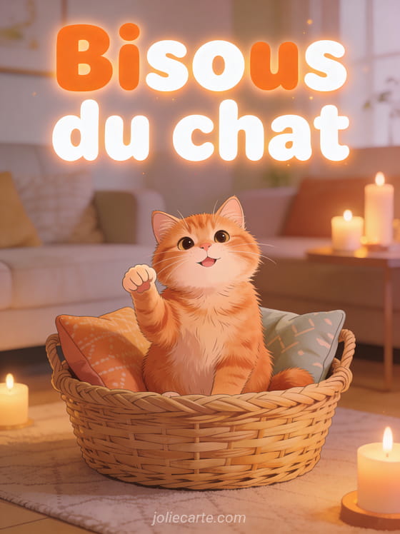 Chat roux moelleux dans un panier tressé levant la patte avec des bougies en fond et le texte Bisous du chat