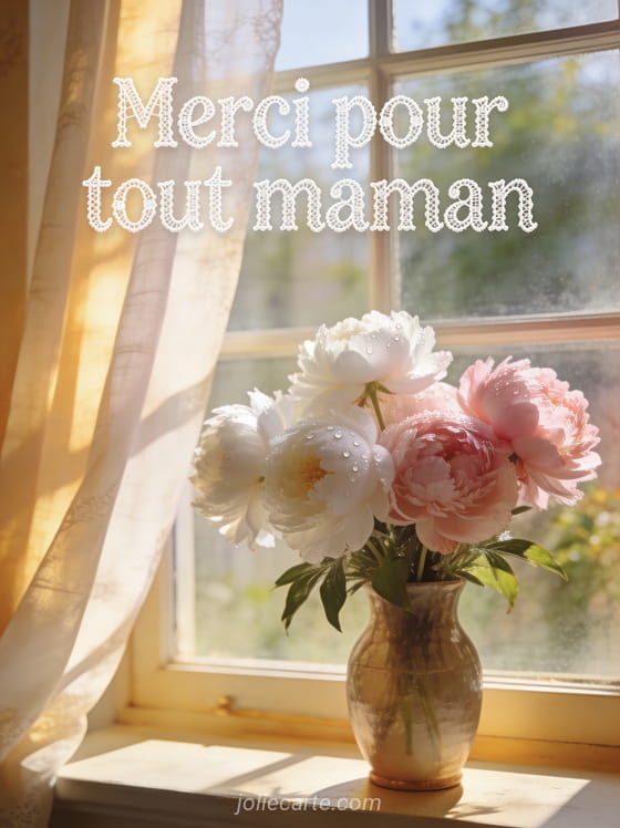 Lac de montagne au lever du soleil avec brume reflets roses et dorés nénuphars et montagnes enneigées avec le texte Maman merci pour tout