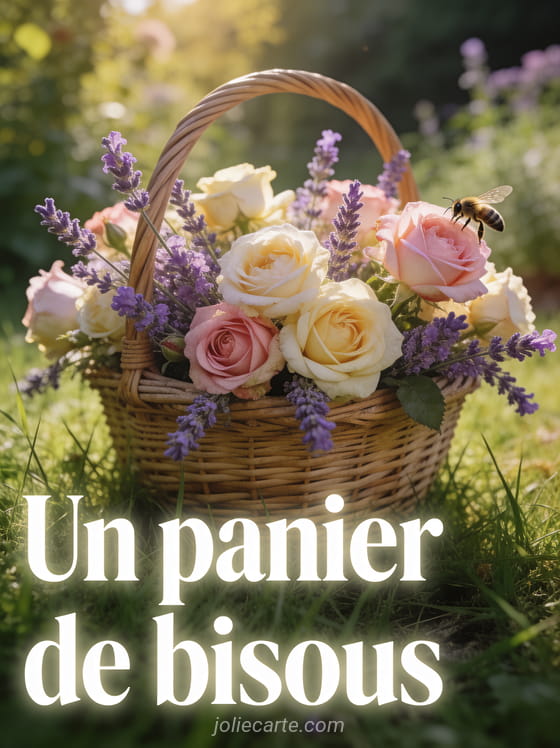Panier en osier débordant de roses anciennes et de lavande dans un jardin de campagne avec le texte Un panier de bisous