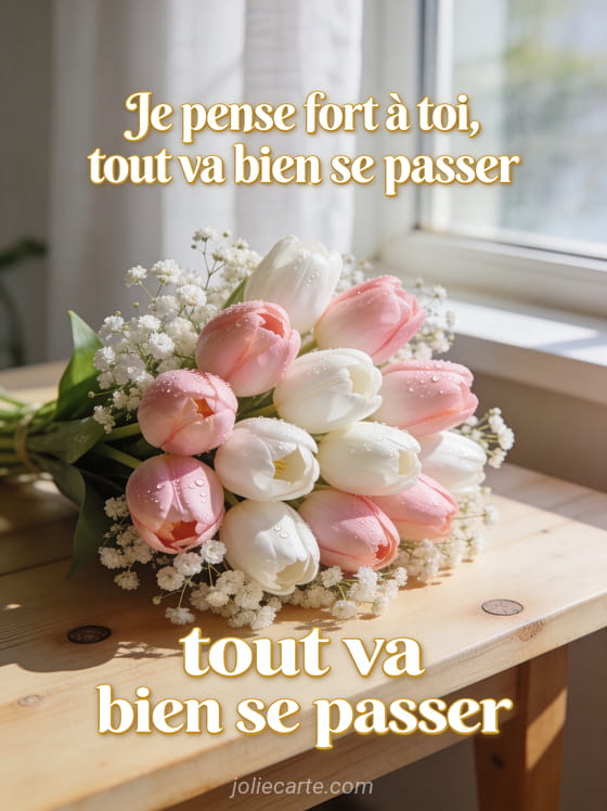 Bouquet de tulipes roses et blanches avec gypsophile près d'une fenêtre ensoleillée avec le texte Je pense fort à toi