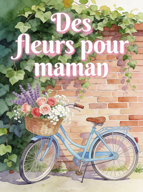 Illustration d'un vélo vintage bleu pastel avec panier débordant de roses lavande et gypsophile devant un mur de briques