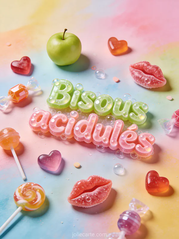 Bonbons colorés en forme de lèvres et de cœurs avec sucettes sur fond pastel et le texte Bisous acidulés